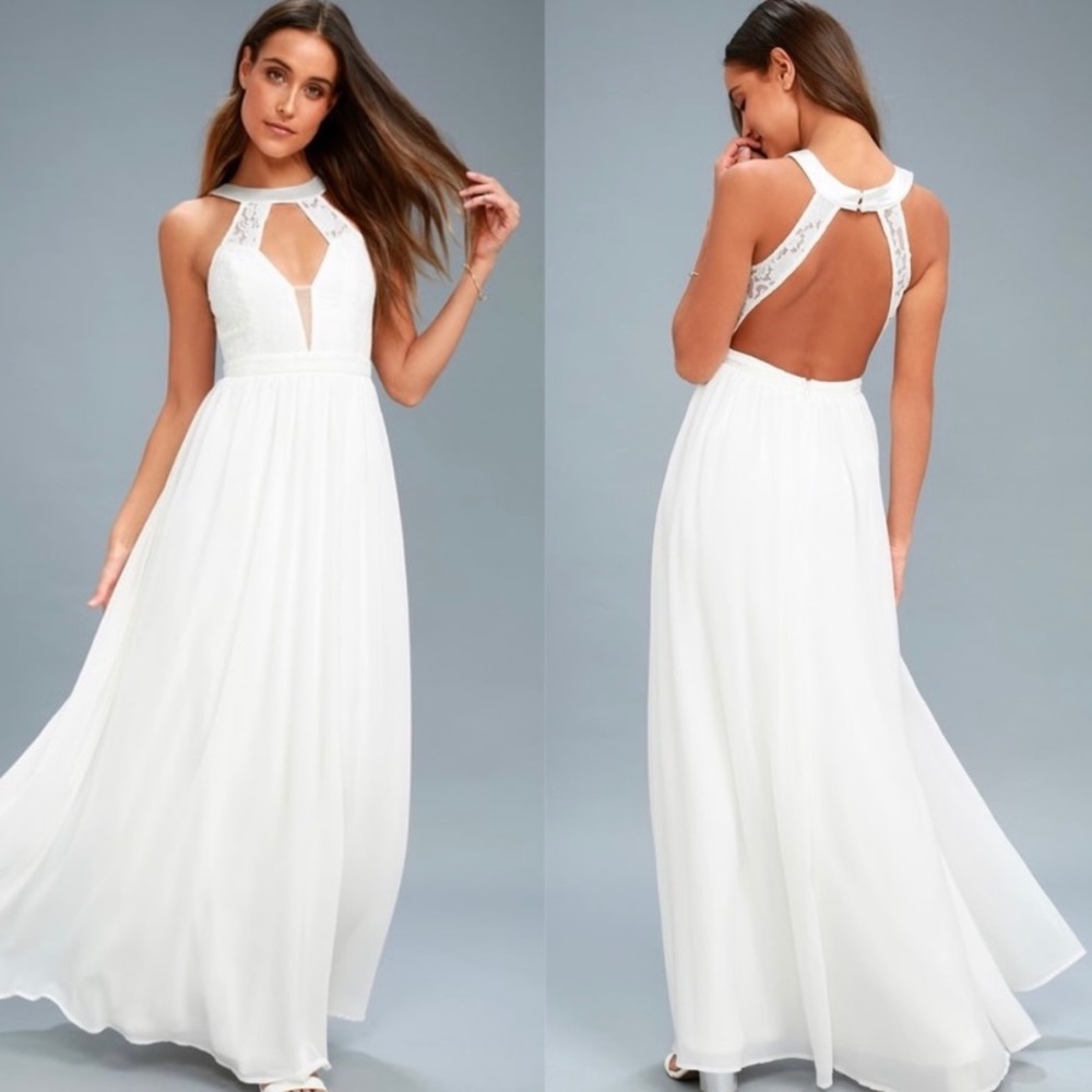 Lulus Women’s Medium Precious Love White Lace Backless Maxi Dress